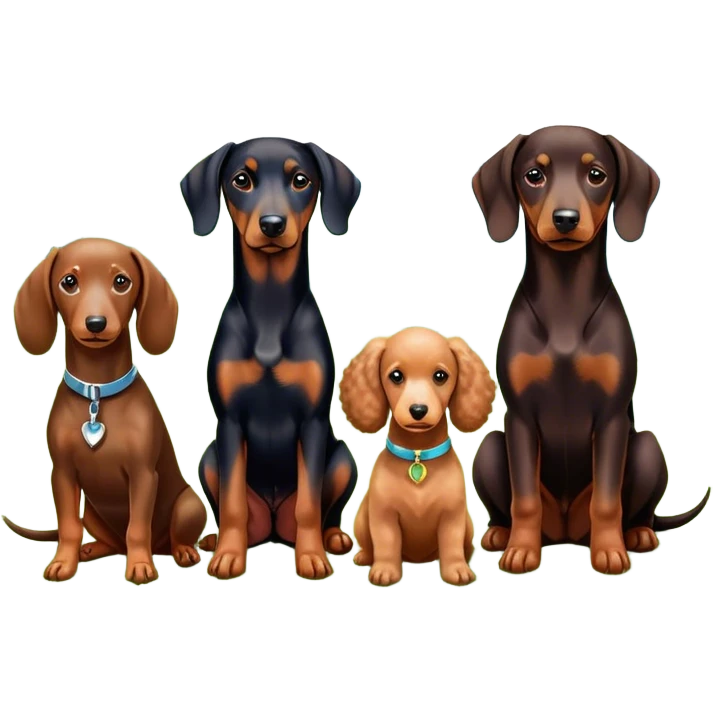 Close-up of a Doberman Pinscher, a Dachshund and a Poodle sitting together on lush green grass. The background features a beautiful, serene nature view with rolling hills and bright blue skies. The dogs' sleek coats shine under the sun. Transparent background. emoji