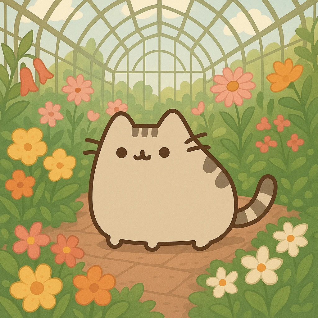 beige pusheen-style kitten in a botanical garden greenhouse filled with flowers emoji