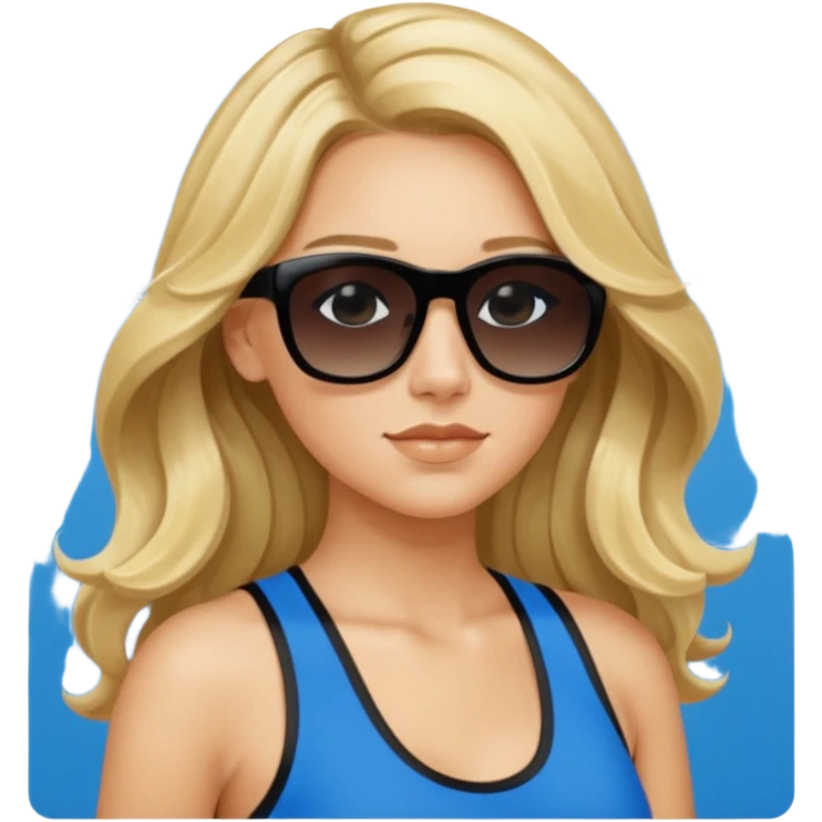 an olive tan woman with long, wavy blonde hair in a blue tank top wearing black Prada sunglasses emoji