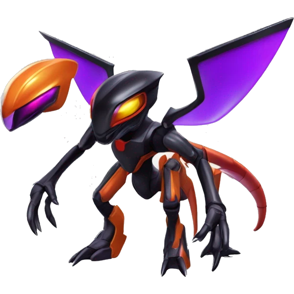 a shiny metallic black-purple-red-orange Genesect-Flygon-Raptor-Fakémon-Medabot-hybrid with a futuristic visor-helmet full body emoji