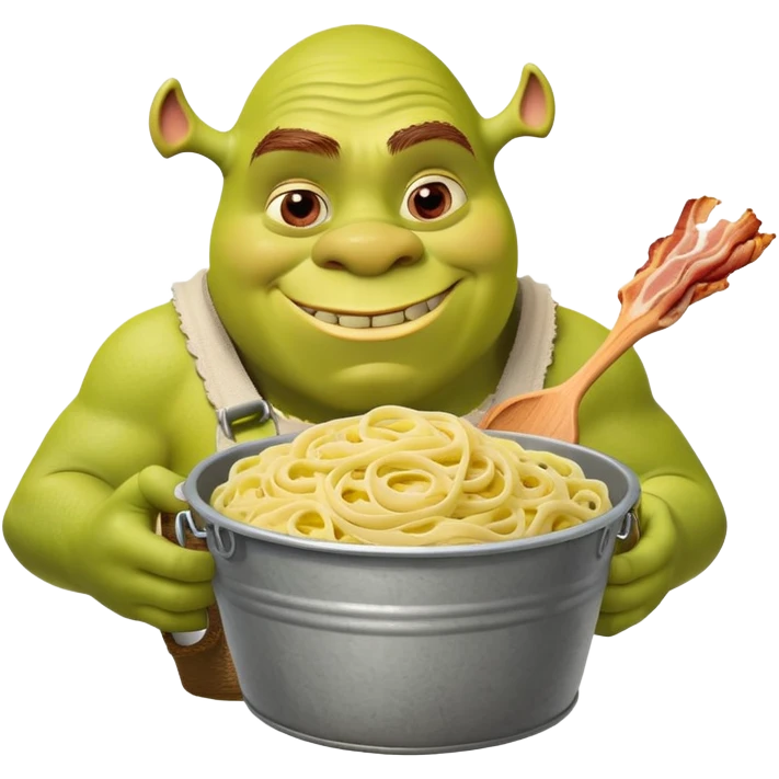 Shrek the green ogre holding a bucket full of carbonara pasta emoji