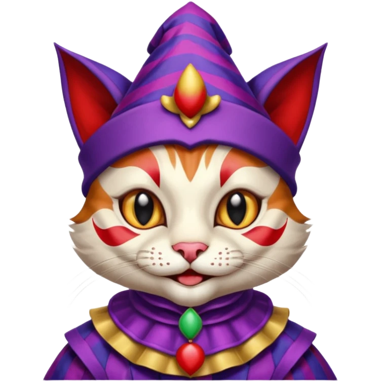 crazy colorful cute little cat jolly joker from poker, medieval, vintage, court jester, mac os icon, purple and red color, chromed inserts, half body emoji