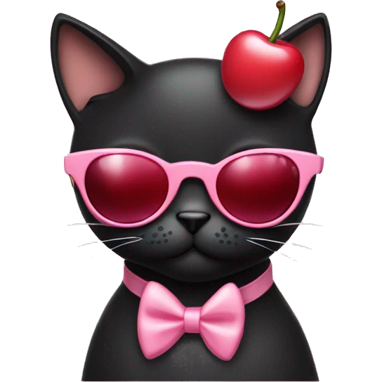 A black cat wearing a little light pink bow, red framed oval sunglasses, and drinking a cherry cola  emoji