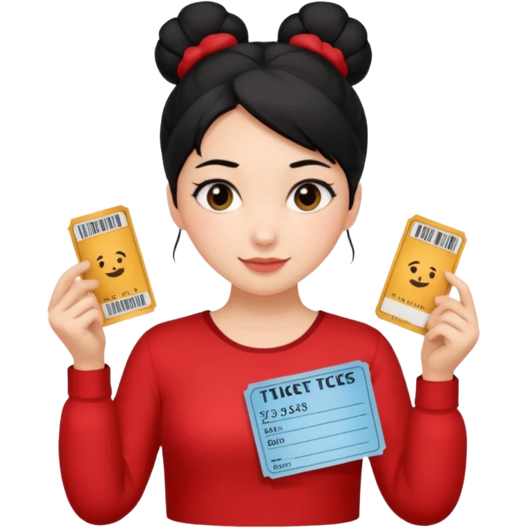 A girl with a bun of black hair, wearing a red long-sleeved shirt and holding theater tickets emoji