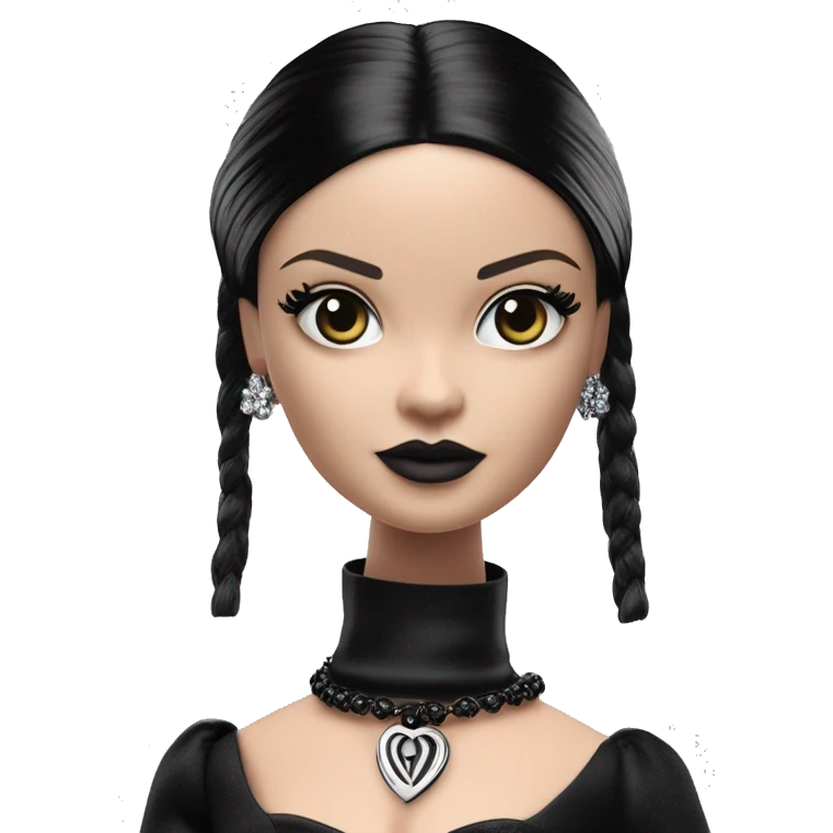  Elegant witch Wednesday Addams Barbie.  Small very light skin face. Earrings with matching necklaces. Long silky raven hair. black flowing strapless tight evening gown neckline that’s off-the-shoulders shows her legs and black high heel shoes. emoji