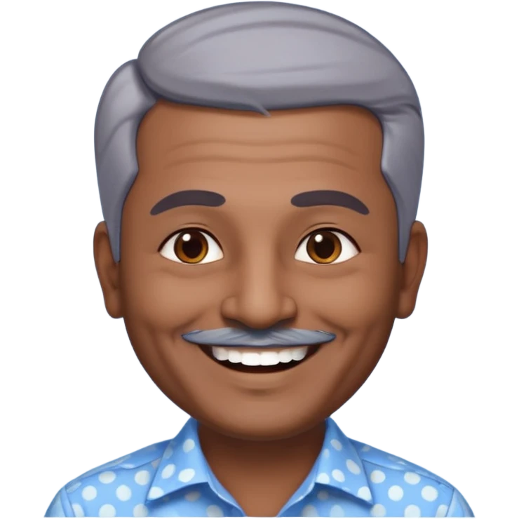 50 yr old indian man, dark skin, grey hair, big smile, white teeth, chubby, no moustache, clean shaven, young style hair, hair brushed back, 5 oclock shadow, bindy dot on forehead, dress shirt emoji