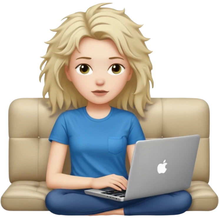 A white girl is lying on a sofa with a laptop emoji