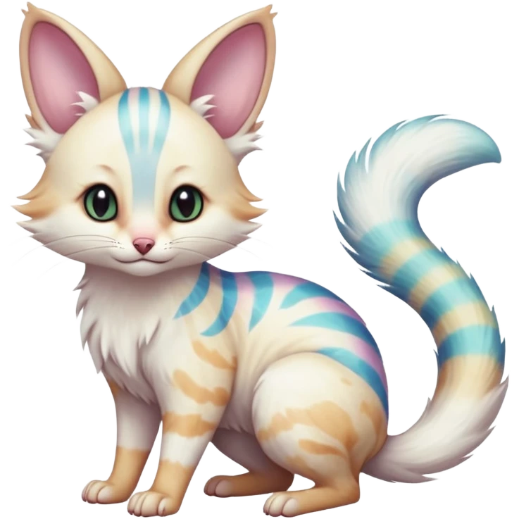  cute adorable whitish albino fur with random colorful iridescence-gradients markings beautiful elegant pretty precious cute  Fakémon-Pokémon-alien-opossum-feline-serval-caracal-chinchilla-Minccino-hybrid-creature with a big fluffy bushy striped tail (full body) emoji