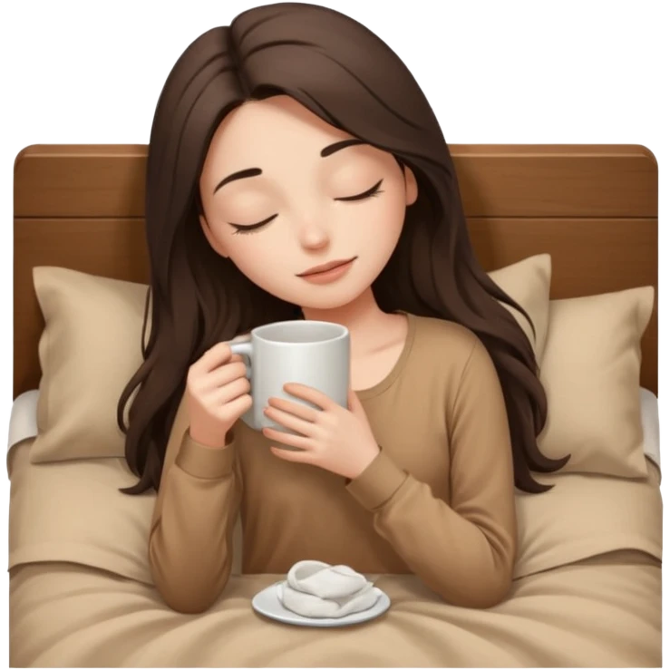 brunette girl with closed eyes lies on bed with brown bed linen in beige blouse with long hair and holds mug close up without makeup emoji