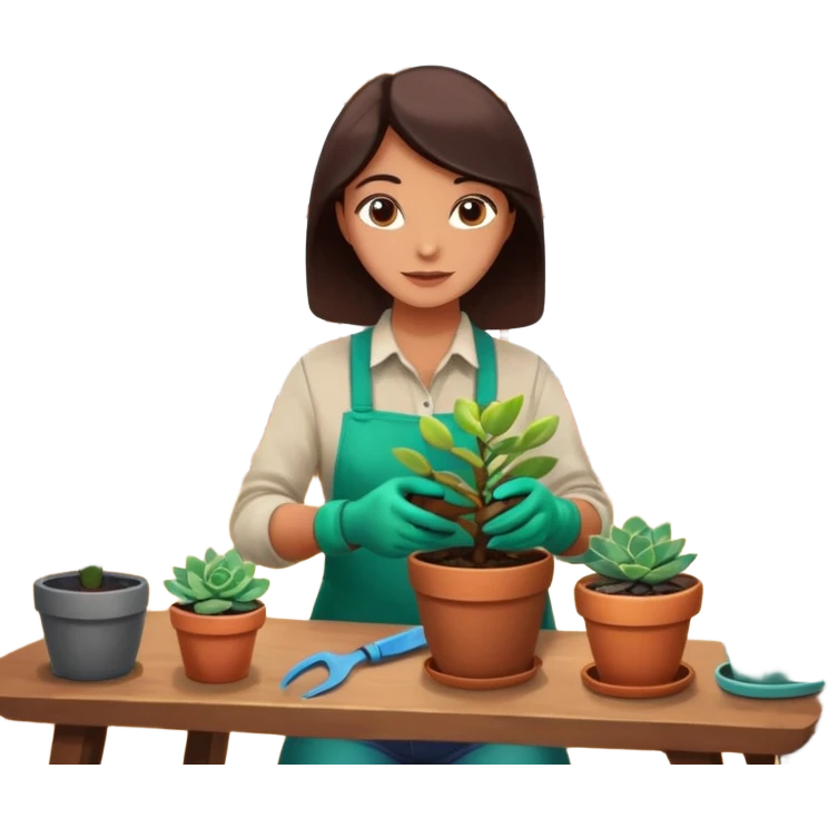 Close-up of a person planting a sapling in a pot. Around, potted plants and succulents with vibrant leaves and flowers. Sunlight filters through the window, casting soft shadows. Cozy indoor space with gardening tools on a wooden table. emoji