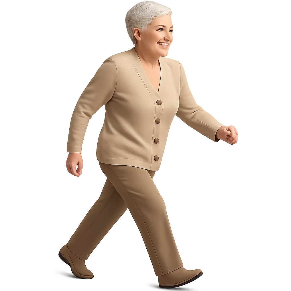 Change the walking pose of the elderly woman with short hair to a brisk walk. Keep the GPT Image style look in mind while editing. emoji