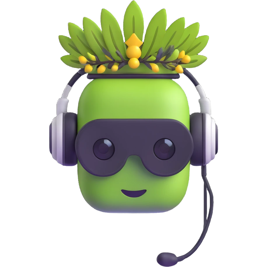 chatbot with olive branch crown, modern headset emoji