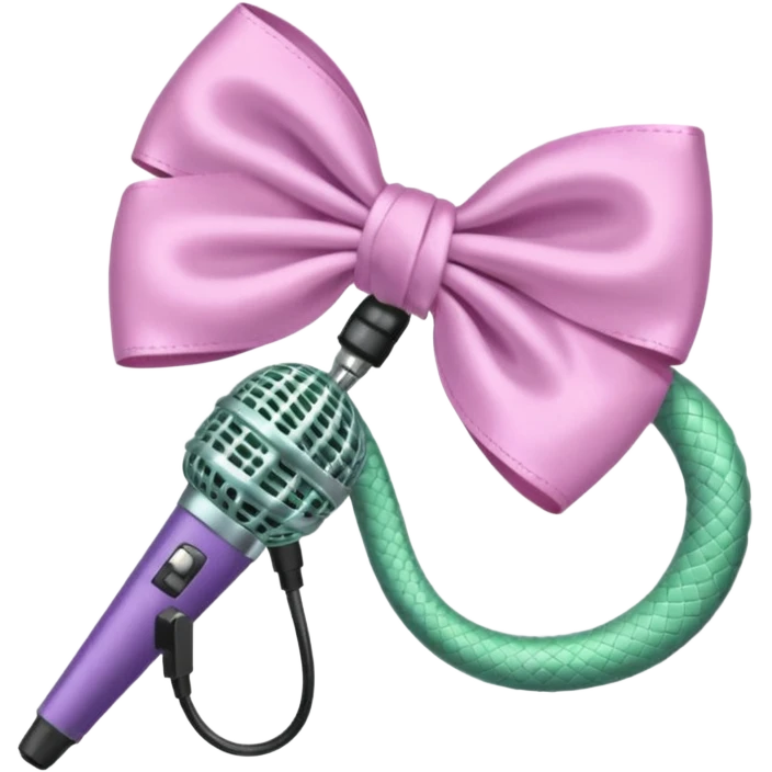 A pastel pink bow with a pastel green snake on the top of one side and a pastel purple microphone on the bottom of the other side emoji