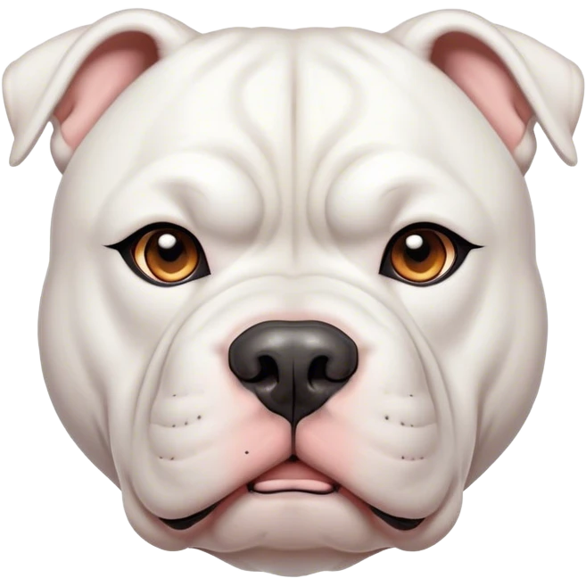Cinematic Noble White American Bulldog Portrait Emoji, Poised and regal, with a powerful, muscular build and a sleek, well-groomed pure white coat, deep-set soulful brown eyes, Simplified yet sharp and sophisticated features, highly detailed, glowing with a soft, dignified glow, high shine, intelligent and loyal, stylized with an air of strength, focused and attentive, soft glowing outline, capturing the essence of a watchful and confident guardian, so majestic it feels as though it could step out of the screen with effortless authority! emoji