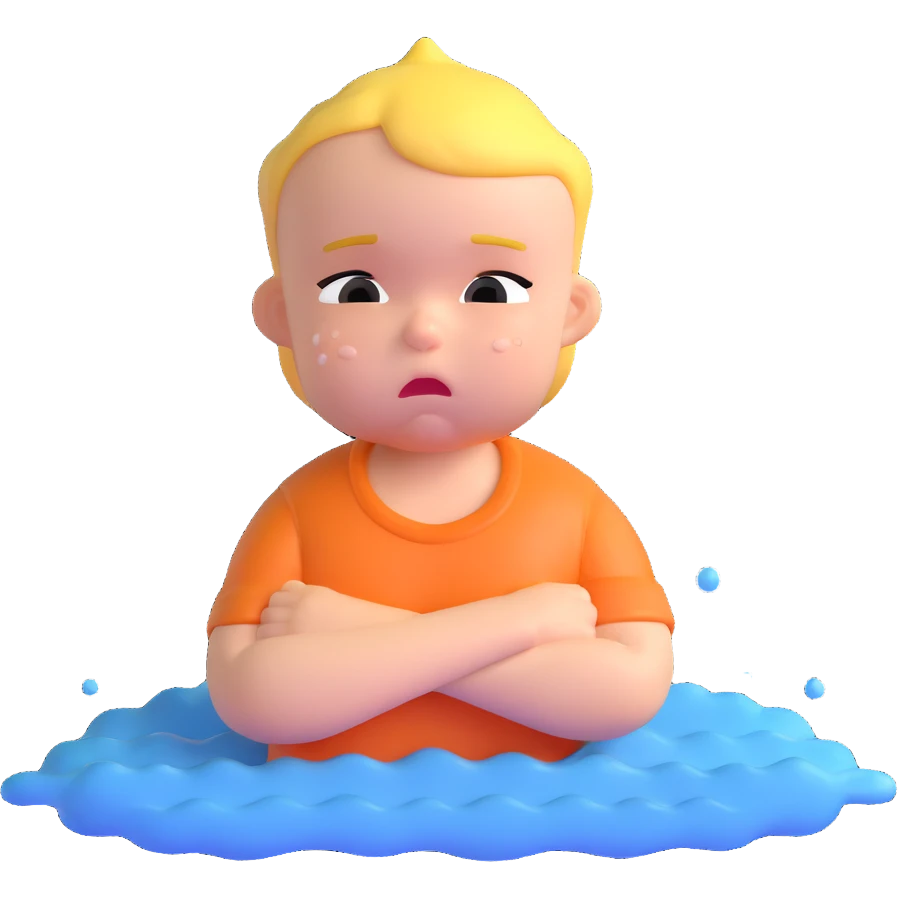 baby with arms crossed, pouting and crying, water splashes around emoji