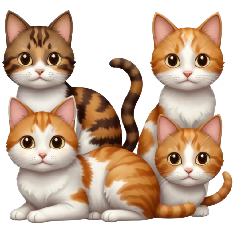 3 small cats different colours including brown tabby and white, patchy calico, and ginger and white emoji