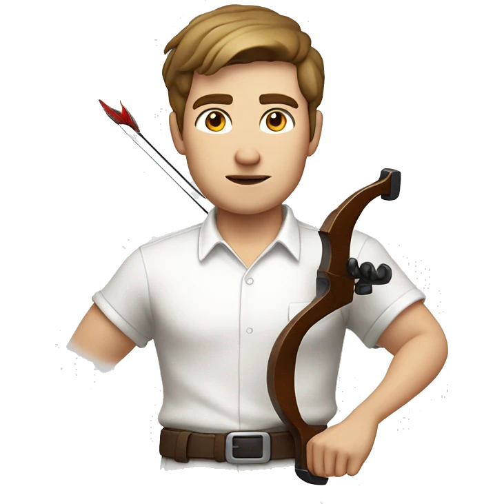a male, aiming with a bow, facing  his target, eyes closed, wearing a white shirt, very short brown hair, bright skin, only show upper part of the body from waist up emoji