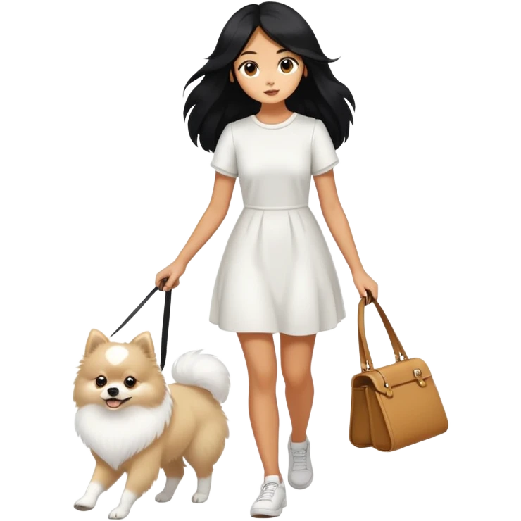 A girl with long black hair walks a white Pomeranian emoji