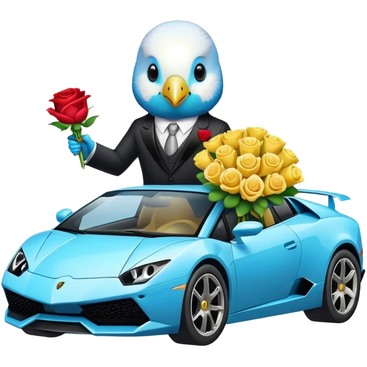 budgie in a lambo in a suit holding roses bouquet emoji