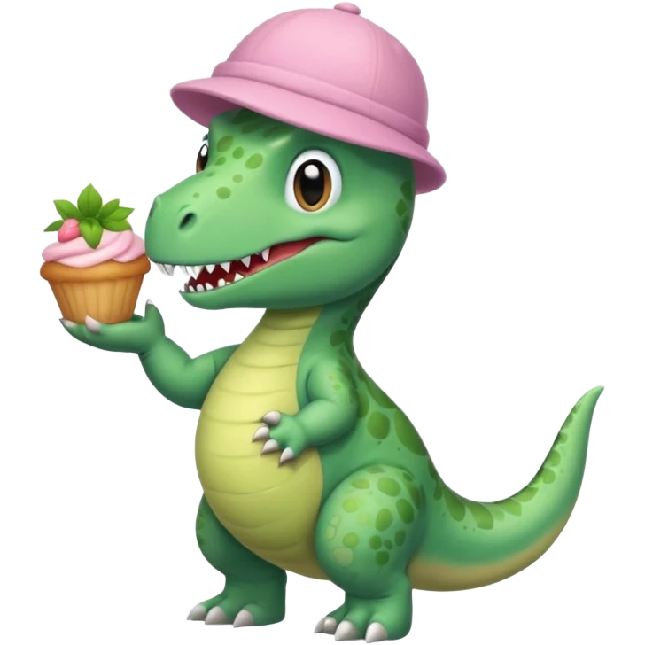 quiero un dinosaurio divertido con delantal y gorro de pastelero y en la mano un pastel emoji