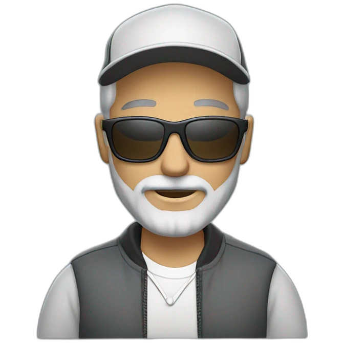 gray-haired man with a beard and mustache in sunglasses wearing a baseball cap on his head in a sports jacket emoji
