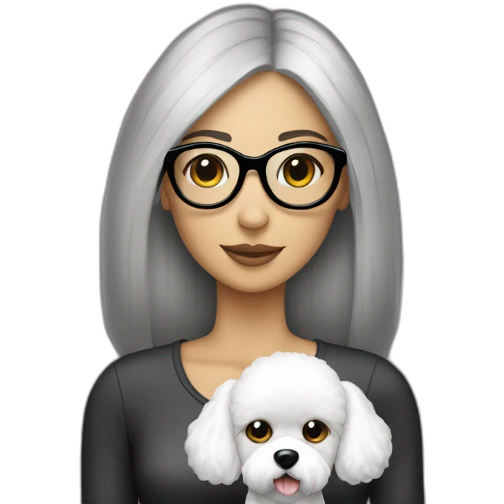 mujer con gafas pelo largo obscuro y perro bichon blanco emoji