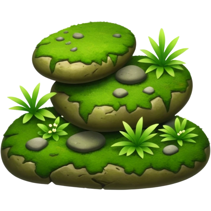 A patch of bright moss covering smooth forest stones with wild plants emoji