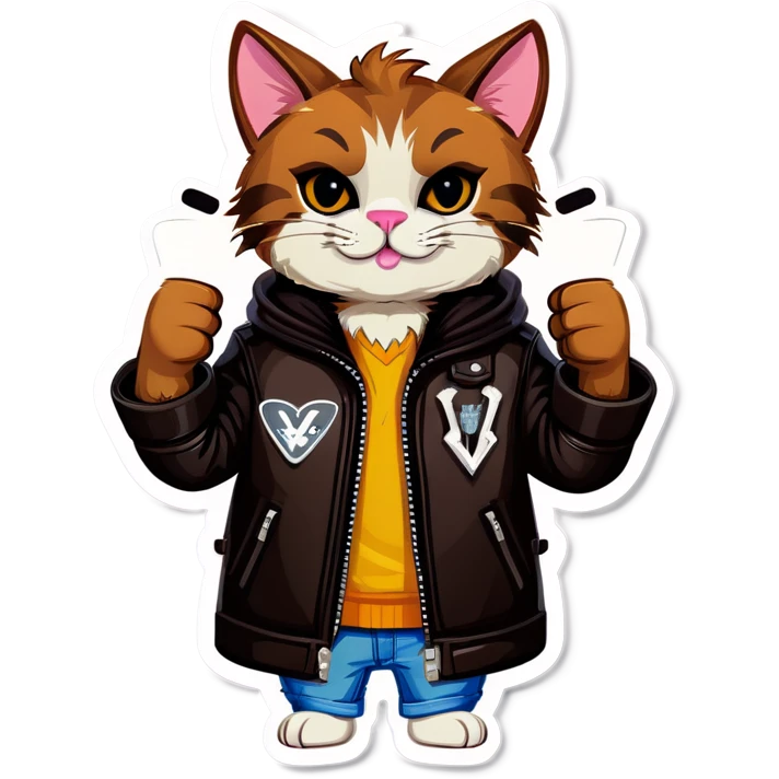 Cool brown cat in leather jacket shows v sign   emoji