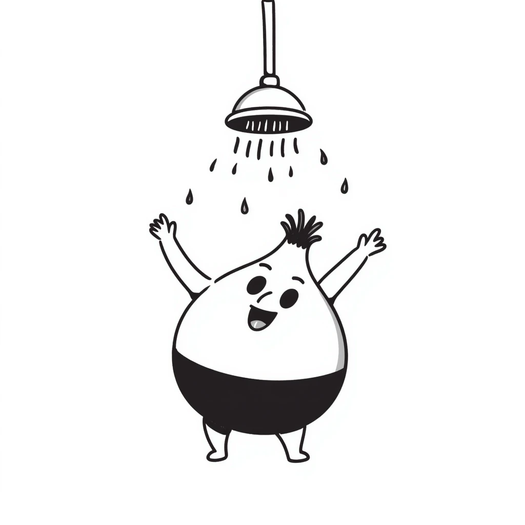 cute onion standing under a showerhead with water droplets falling emoji