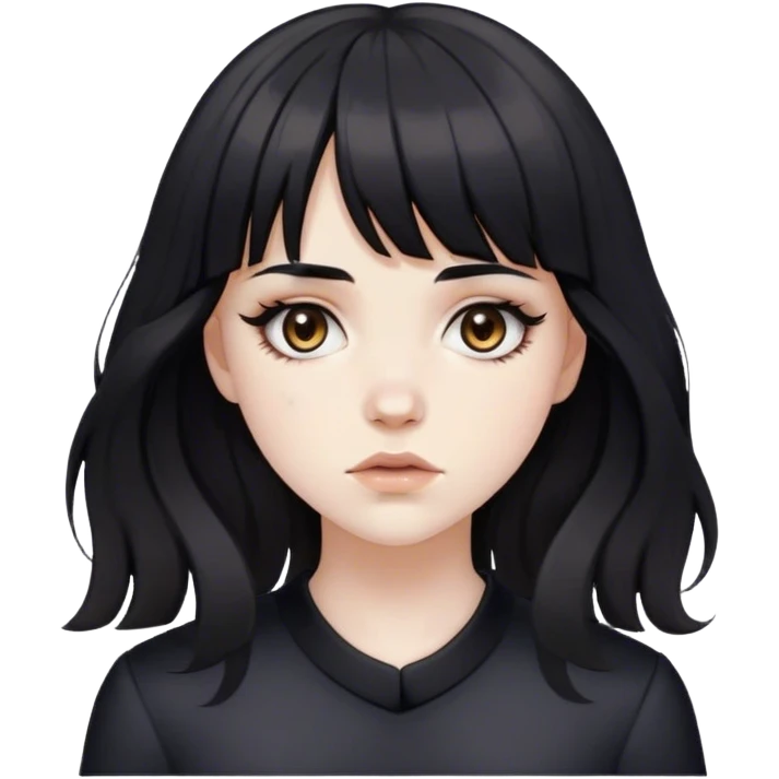 a pale white girl bruised feminine with medium length wavy black hair and bangs with big light brown eyes looking like a porcelain doll with black clothes emoji