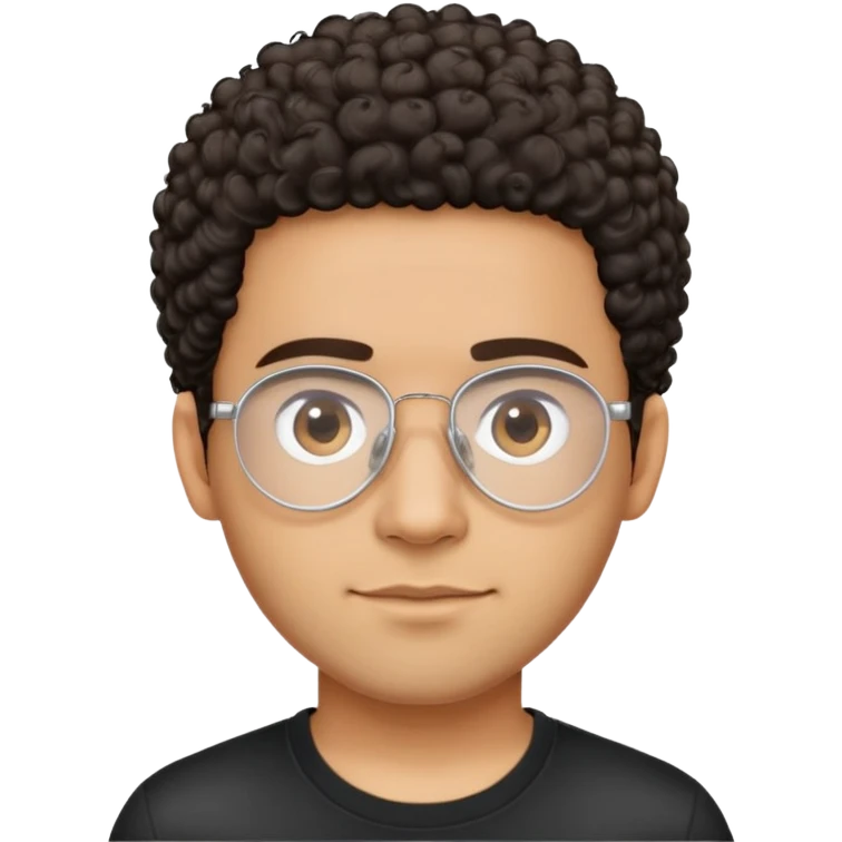 Light brown skinned Latino man with oval face, transparent aviator eyeglasses with thin metal frames, completely bald sides with extremely short dark curly hair only on crown, friendly neutral expression, casual black t-shirt emoji