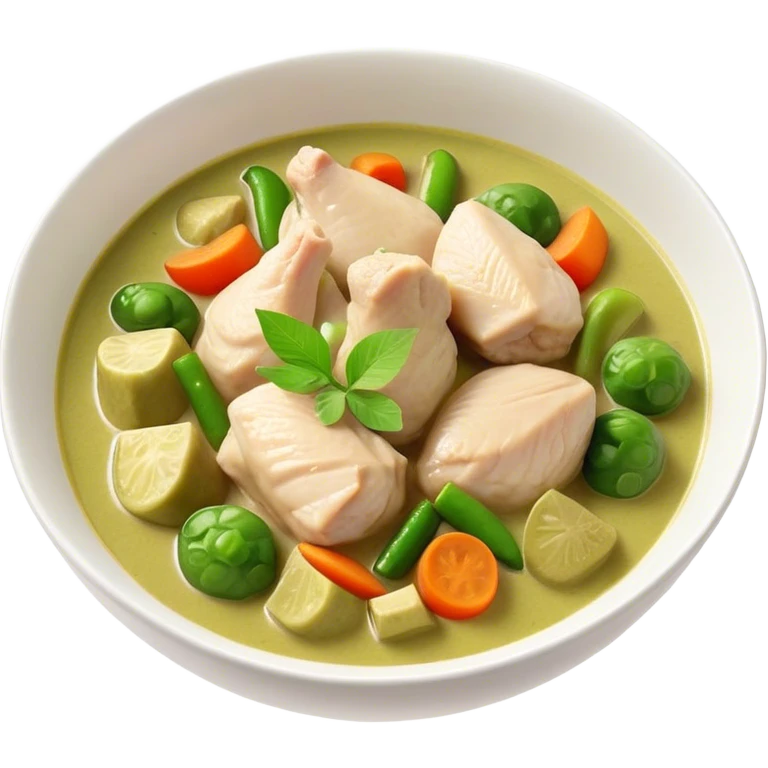 Green Chicken Curry Cinematic Realistic Green Chicken Curry Dish Emoji, depicted as tender chicken chunks simmered in a fragrant green curry sauce with vegetables, rendered with vivid textures and dynamic, vibrant lighting. emoji