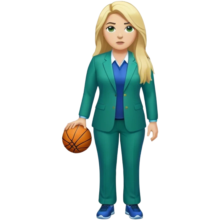 Full Body white plus size female basketball head coach with long blonde hair in a blue and green suit emoji