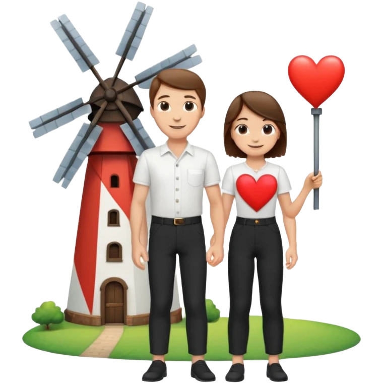 a white man with brown hair and a white shirt and black pants standing next to a windmill with a heart  emoji