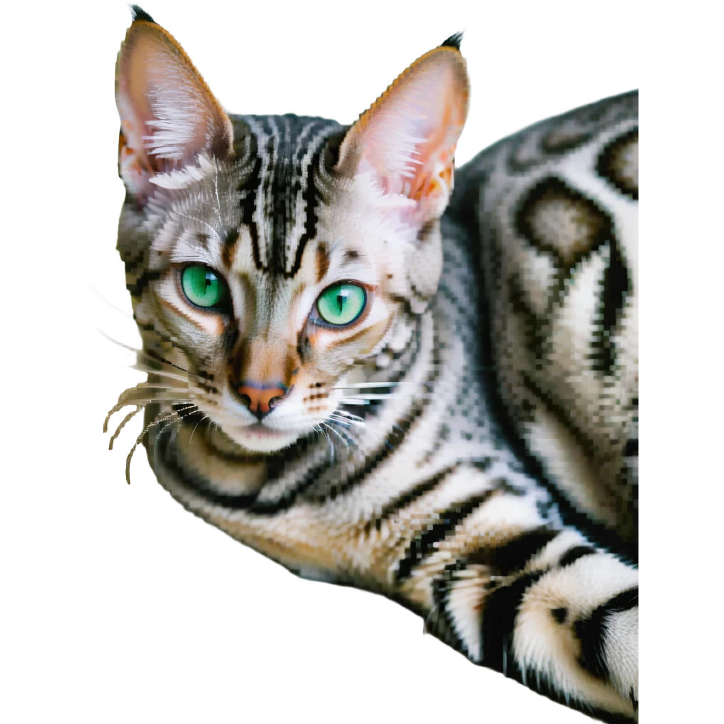 A silver Bengal cat with green eyes, lying down. emoji