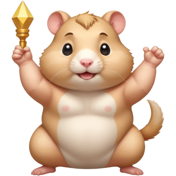 Cute chubby cartoon-style hamster flexing tiny arms like a bodybuilder, sparkles around it, triumphant expression. Painterly shading, white background, sticker-style illustration. emoji