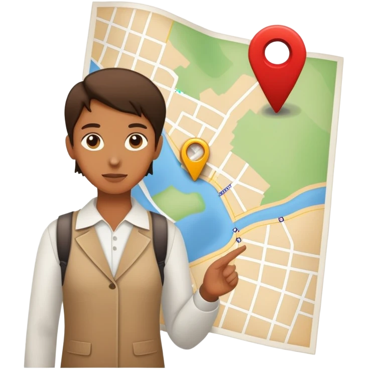 character standing next to location pin on a map emoji