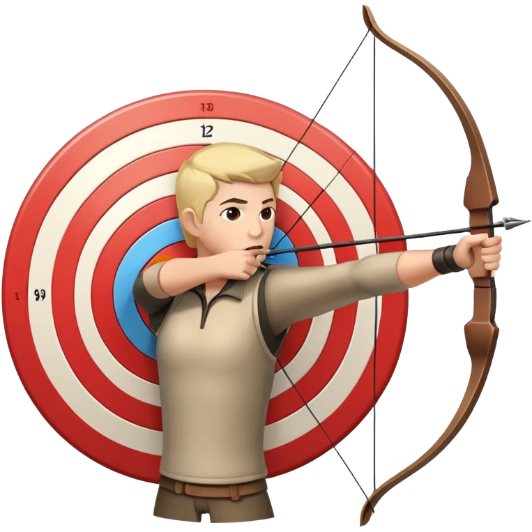 An archer pulling back a bowstring, aiming at a target in the distance. The target features concentric rings, and the scene conveys focus and precision. The background captures the essence of an outdoor archery range, highlighting skill and concentration in the sport. emoji