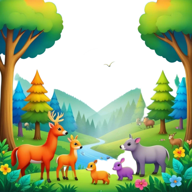 forest scene with animals and a rainbow emoji