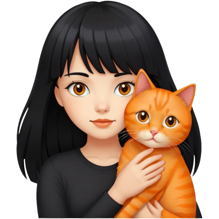 A girl with long black hair and bangs is holding a orange cat emoji