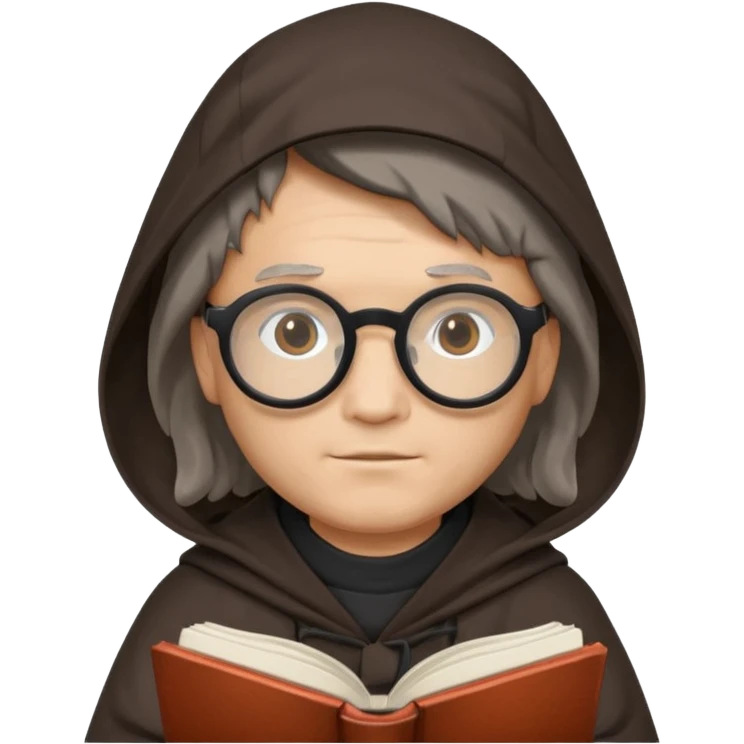 Monk priest prayer black habit with hood round black glasses done light brown wavy hair under hood remove the medallion smaller more round glassed age 46 no necklace more oval face hand holding book that says RB 480 top left is great add a little hair brown gray under hood  emoji