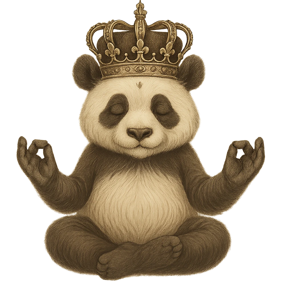Add a regal crown to the panda's head, keeping the peaceful and mystical style. Remove the background to isolate the subject. Maintain the mystical and peaceful atmosphere of the original image. emoji