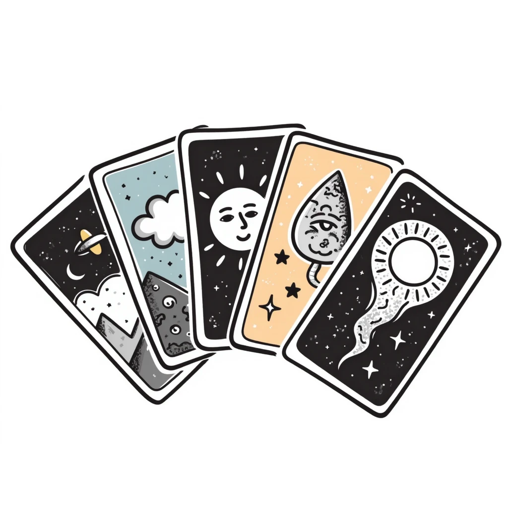 Mystical tarot cards arranged in a fan or spread pattern with celestial and mystical symbols. Using specific pastel colors (dd9fb0, ffc6d3, a3bfc9, c4bee2, f1b091). Hand-drawn doodle style with intricate details of cards showing symbols like sun, moon, stars. Transparent background. emoji