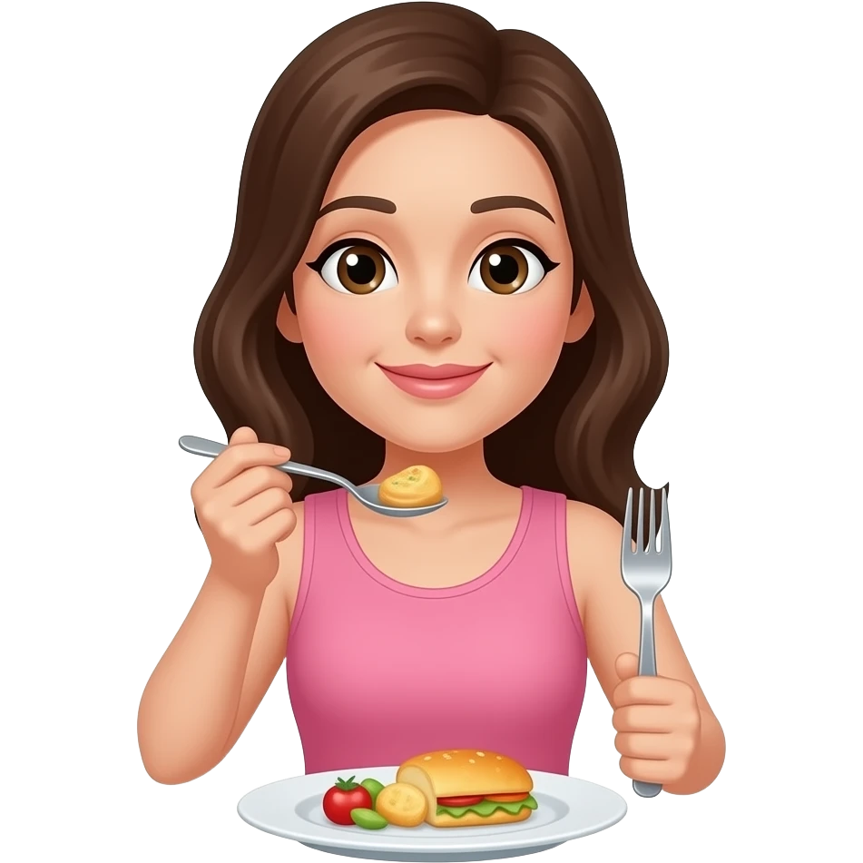 woman holding spoon and fork eating on a plate with little food emoji