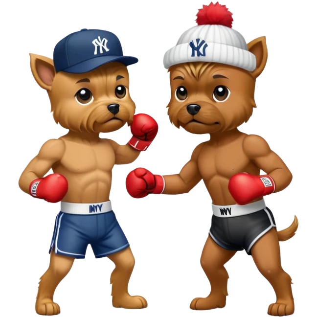 Yorkie with a NYY hat fighting a boxer dog with a NYM hat emoji