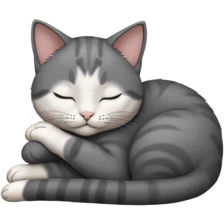 dark grey and white small cat with his eyes closed, leaning his head on his paw while leaning on his elbow lying down emoji