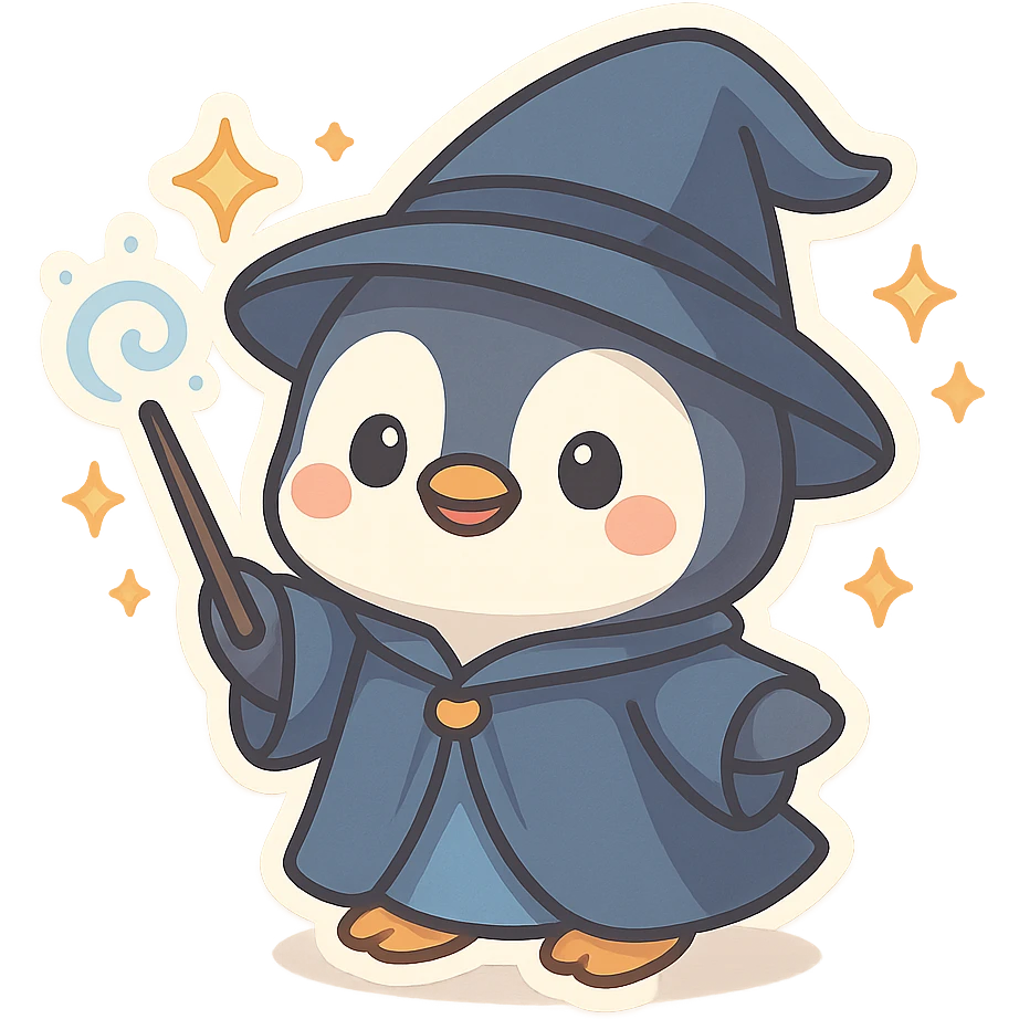 adorable penguin wizard, casting a spell, sparkles, blue robe, fantasy style emoji