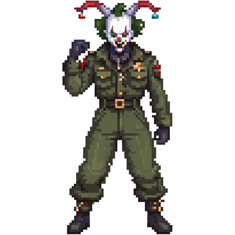 evil clown soldier, bald, small black satan horns on forehead, fangs, pointed ears, eye patch over one eye, black and military green clothes with bellbottom pants, realistically proportioned, less bulky, full body, fighting stance emoji