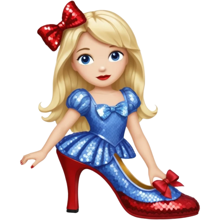 Dorothy Gale from Oz with long blonde hair, periwinkle sequin outfit, red bow emoji