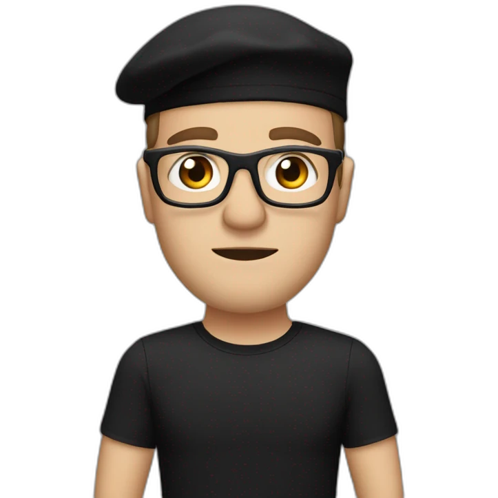 drummer man, grumpy, caucasian, with a black beret, glasses, and black t-shirt emoji